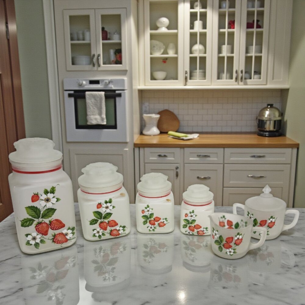 ANCHOR HOCKING -- RARE Set of Strawberry Canisters + Sugar/Cream Set, 1980's